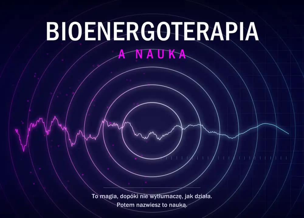 Bioenergoterapia a nauka Fala energii przechodząca od nieregularnego przebiegu po lewej stronie do równego, zmierzonego po prawej, na tle koncentrycznych kręgów aury